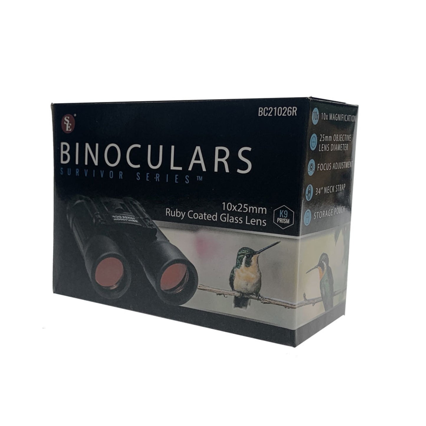 10x25 Compact Black Binoculars with Ruby Coated Lenses, K9 Roof Prism, Carrying Case & Lanyard