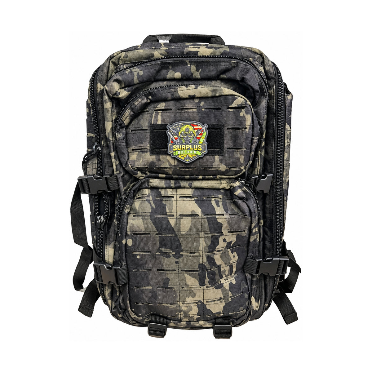 35L Laser Cut MOLLE Tactical Backpack – Black Camo with 10x12 Plate Pocket