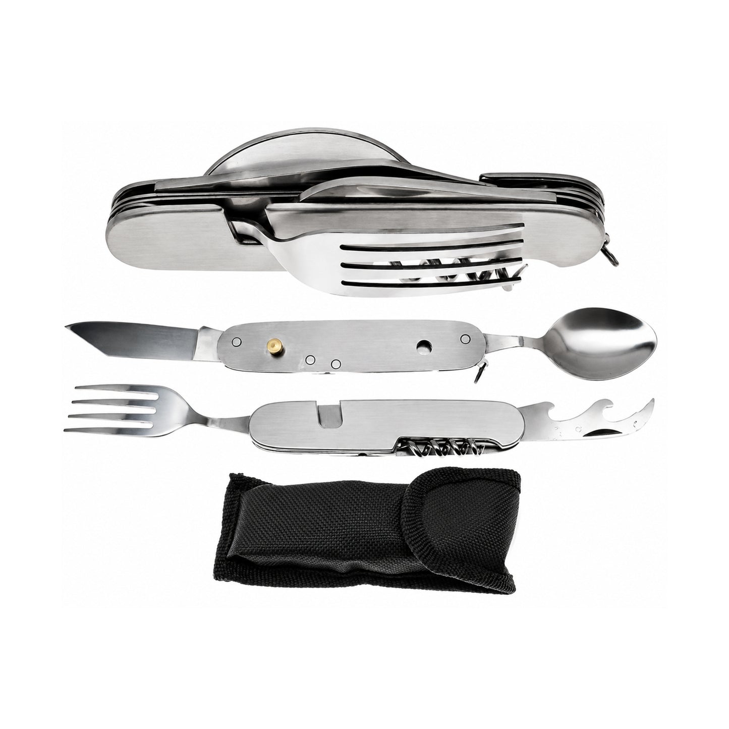 7-IN-1 Stainless Steel Multi-Function Camping Tool, Utensils & Opener with Nylon Belt Pouch