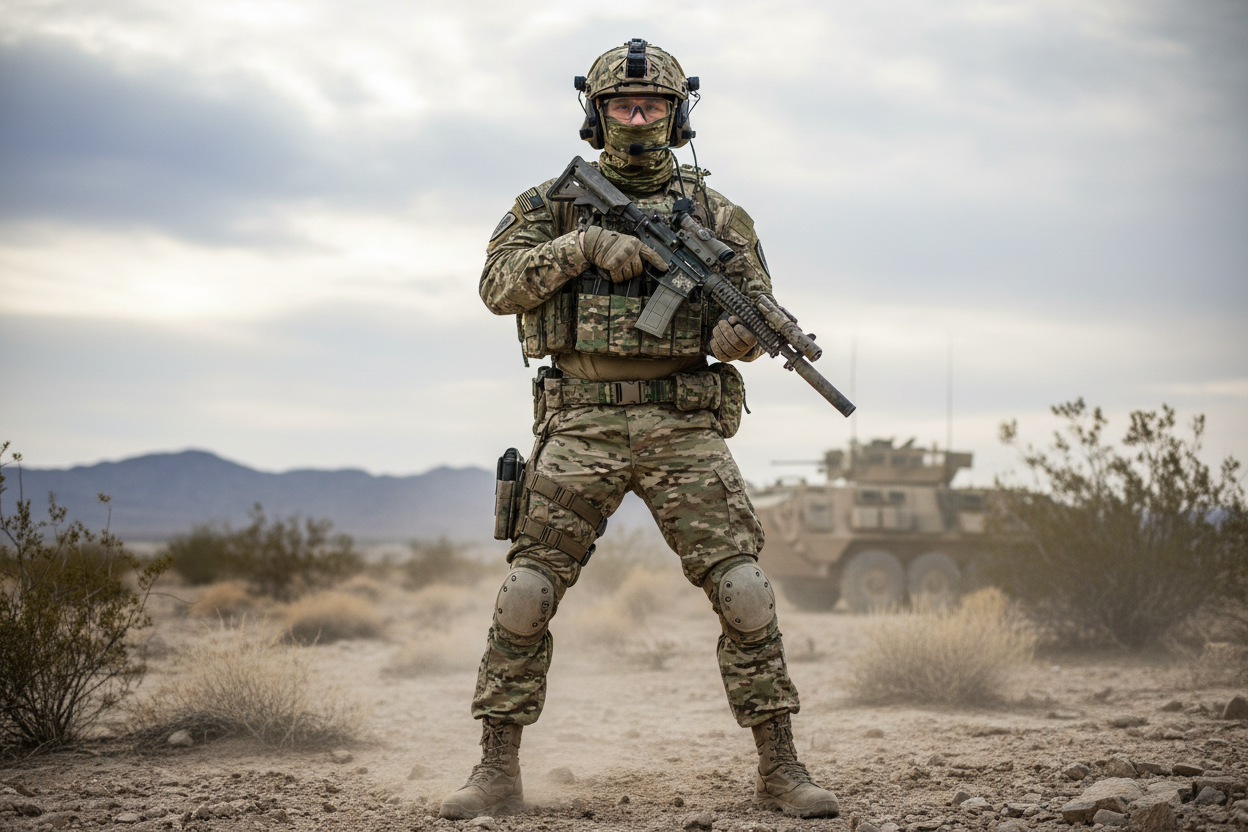 battle ready soilder wearing all multicam 