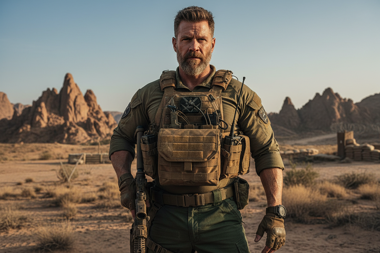 give me a img of a a guy tough guy wearing an admim chest rig