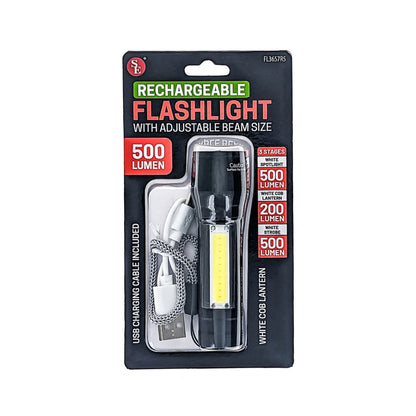500 Lumen Rechargeable LED Flashlight with Adjustable Beam, Side Light, Strobe & Lanyard
